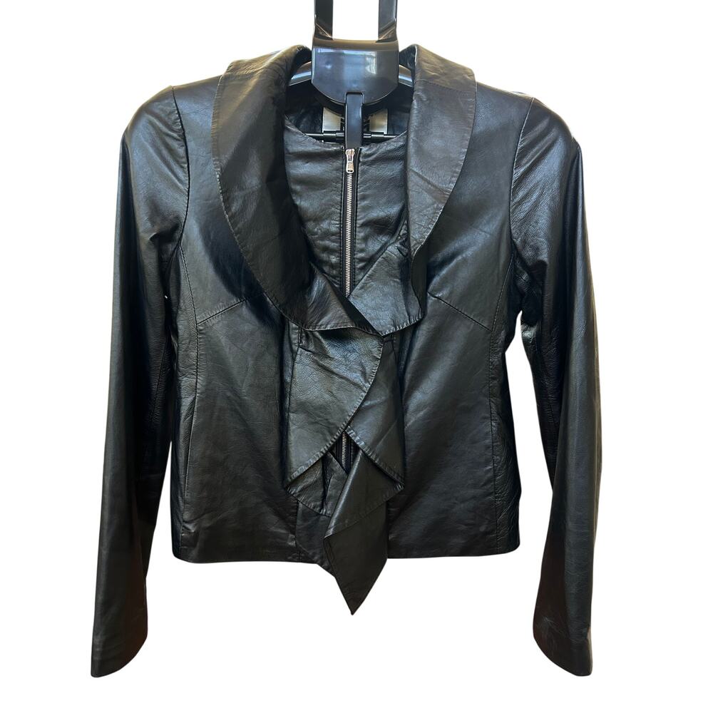 Milly Black 100% Calf Leather Cascading Ruffle Zip Jacket Size Small S